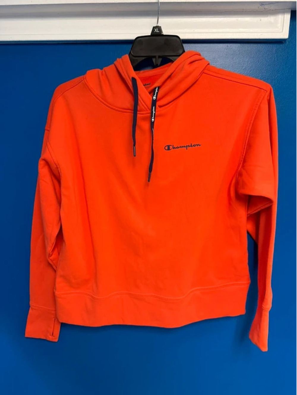 Champion Small Bright Orange Fleece Pullover Hoodie Branded Drawstring